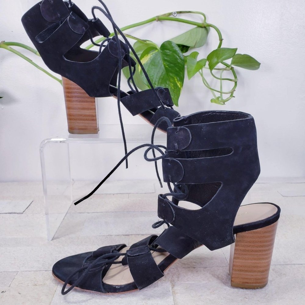 Y2K Boho Chic Loeffler Randall Sandals 6 Black Suede Gladiator Lace Up Heels - Picture 5 of 11